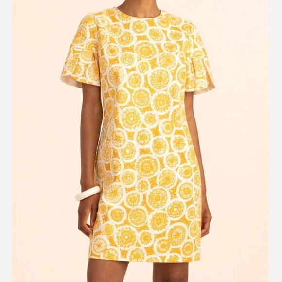 Trina Turk Jacinta 2 Dress Size 2 Yellow Sunburst Sheath Short Sleeve Lined - Picture 1 of 9